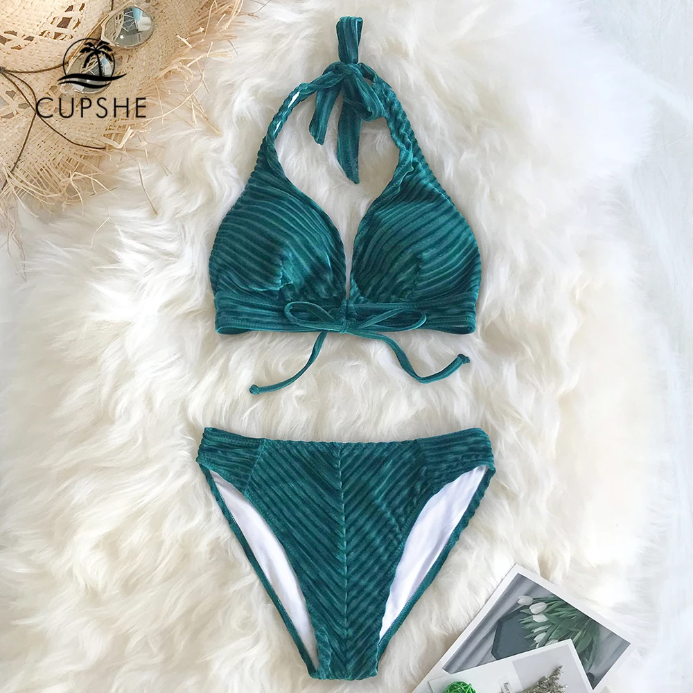 

CUPSHE Sexy Green Velvet Halter Bikini Sets Women Solid Two Pieces Swimsuits 2019 Girl Beach Bathing Suits