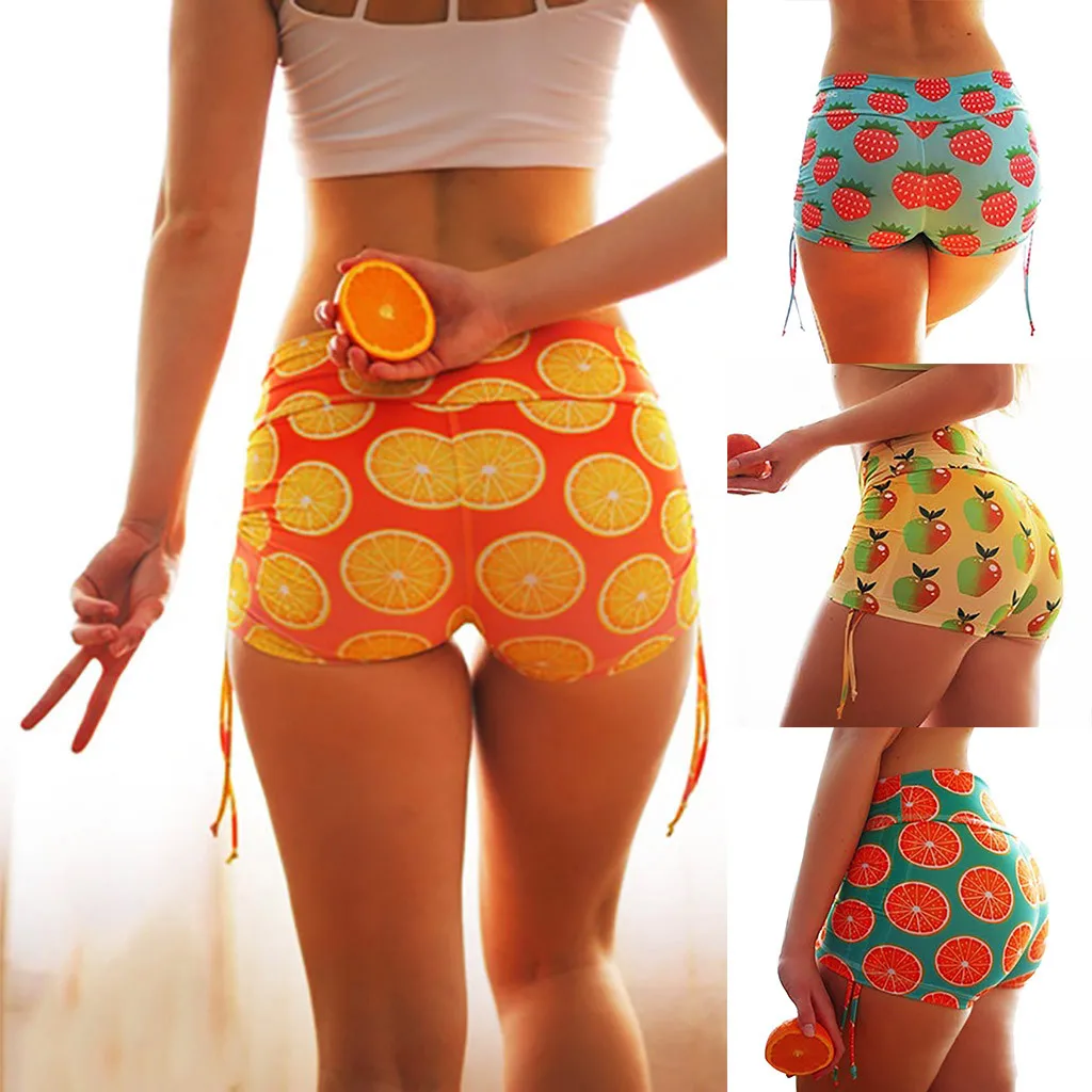 Летние женские шорты с фруктовым принтом, мягкие обтягивающие шорты для фитнеса, feminino