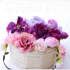 Fabric Lotus Flower Headbands Bridal Wedding Flower Crown Headband Forehead Hair Band Festival Flower Wreath