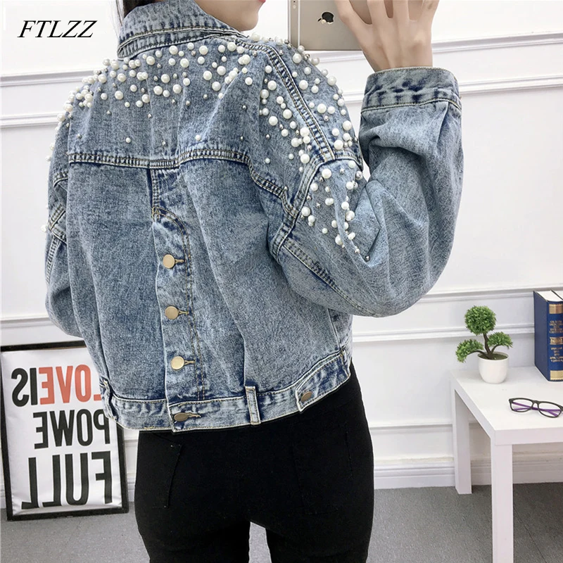 FTLZZ винтажная женская джинсовая куртка Witrh жемчуг бисер 2019 Весна длинный рукав