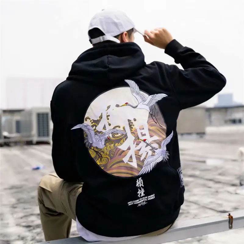 Embroidery Cranes Pullover Text Printing Hoodies Men Winter Hip Hop Male Casual Hooded Sweatshirts Streetwear Japanese