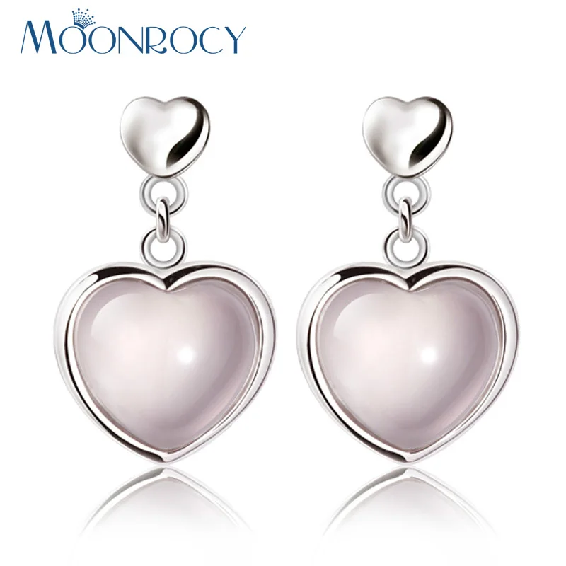 

MOONROCY Drop Shipping Jewelry Wholesale Silver Color Ross Quartz Pink Opal Crystal Earrings Heart for Women Girls Drop Shipping