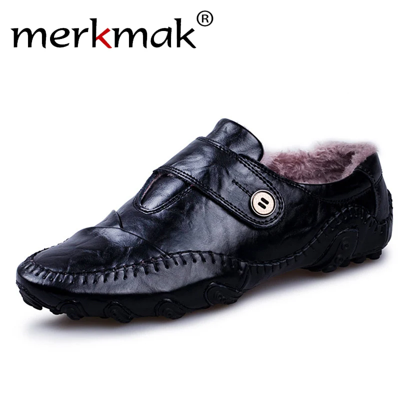 

merkmak British Style Men Winter Genuine Leather Loafers Brand Men Shoes With Fur Driving Solid Handmade Moccasins Shoes