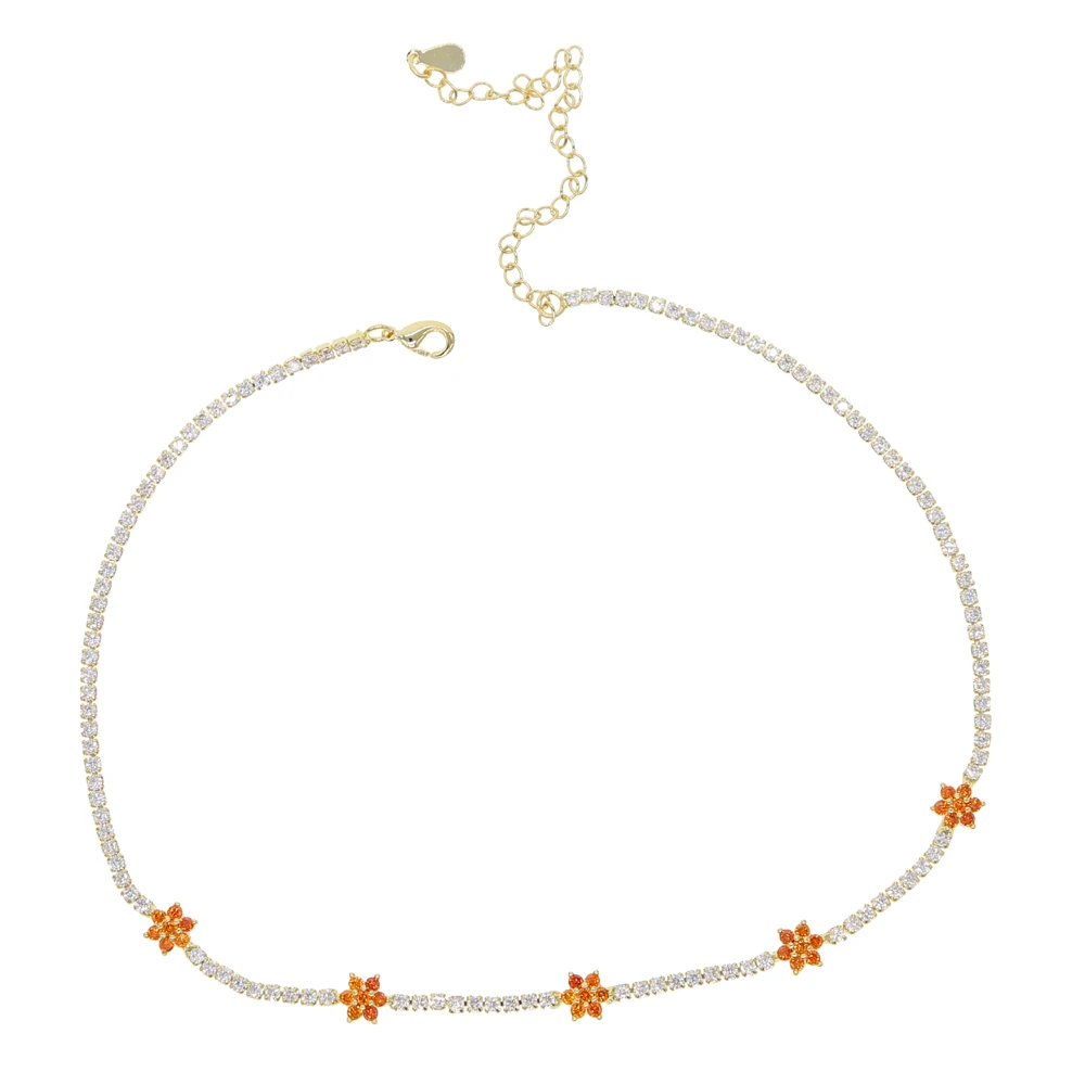 Золотое наполненное зеленое оранжевое белое цветочное романтическое ожерелье для девушки, красочное теннисное чокер с фианитами, летнее дизайнерское великолепное ювелирное изделие