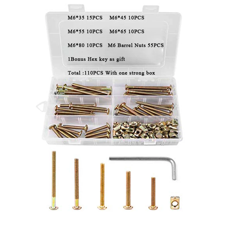 

110pcs Bolts Nuts Kit M6 Hex Socket Head Cap Screws Nuts Crib Bunk Bed Furniture Cot Barrel Bolt Nuts Hardware Replacement Kit