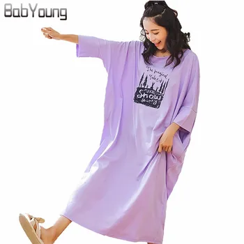 

BabYoung New Autumn Women Nightgowns Long Nightdress Cotton Slash Neck Sexy Lingerie Loose Night Sleep Dress Sleepwear Purple