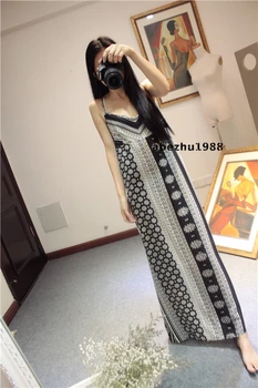 

Bohemian black white print maxi dress 2020 new style boho vintage elegant spaghetti strap ankle-length dresses robe vestidos