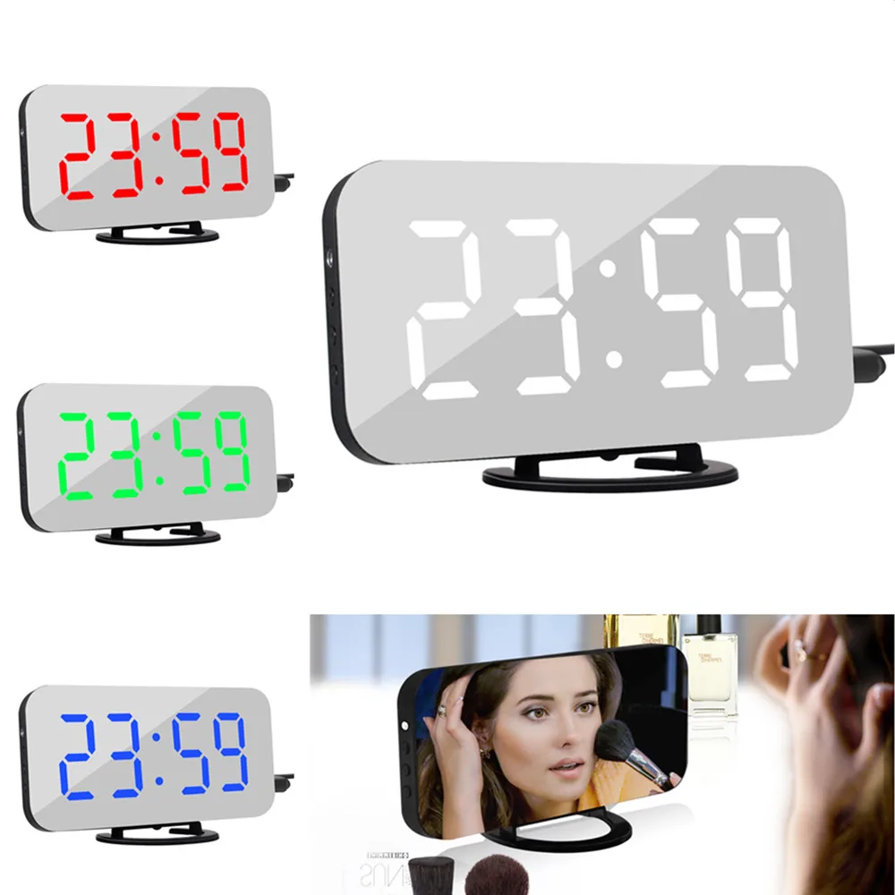None LED Mirror Electronic Alarm Clock Digital Clock Snooze Display Time Night Led Light Table Desktop Alarm Clock Despertador