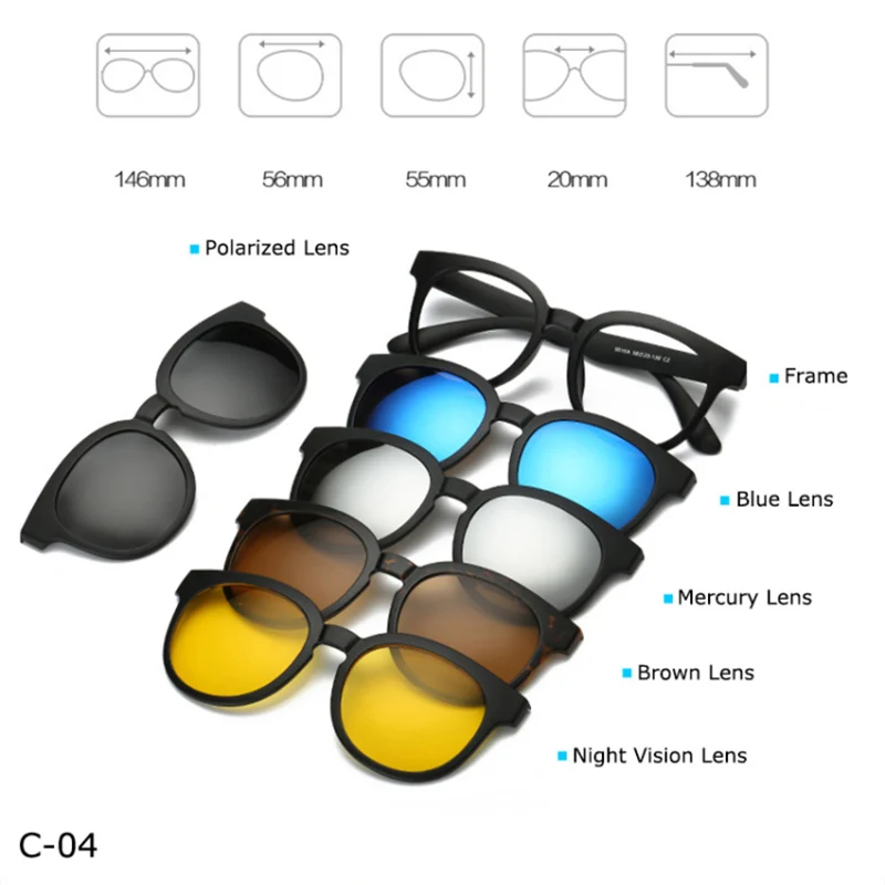 Модные очки, оправа для мужчин и женщин, с 5 солнцезащитными очками, на магнитной застежке, поляризованные очки для мужчин, многоцелевые очки YQ174 - Цвет оправы: YQ174 C04