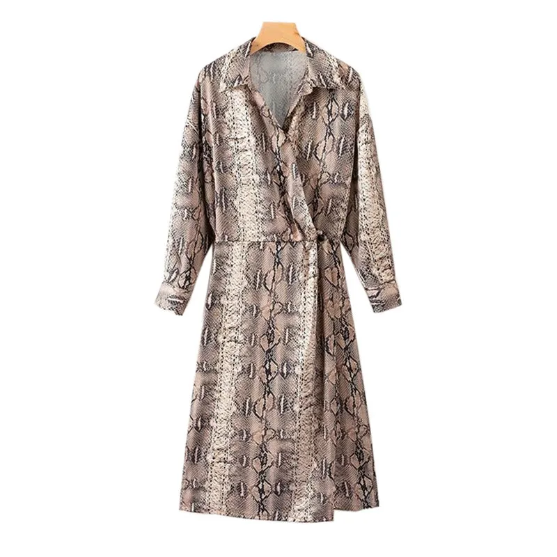 

Cncool new casual snake print split dresses spring summer turn-down collar long sleeve A line vintage vestidos ladies robe femme