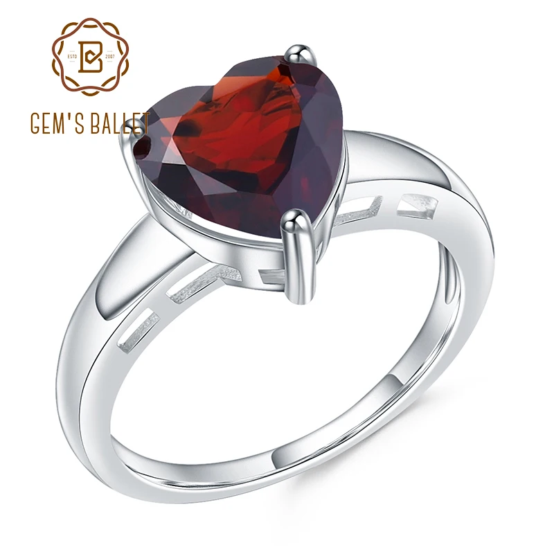 

GEM'S BALLET 925 Sterling Silver Heart Shape Ring 2.78Ct Natural Garnet Gemstone Wedding Rings For Women Fine Jewelry