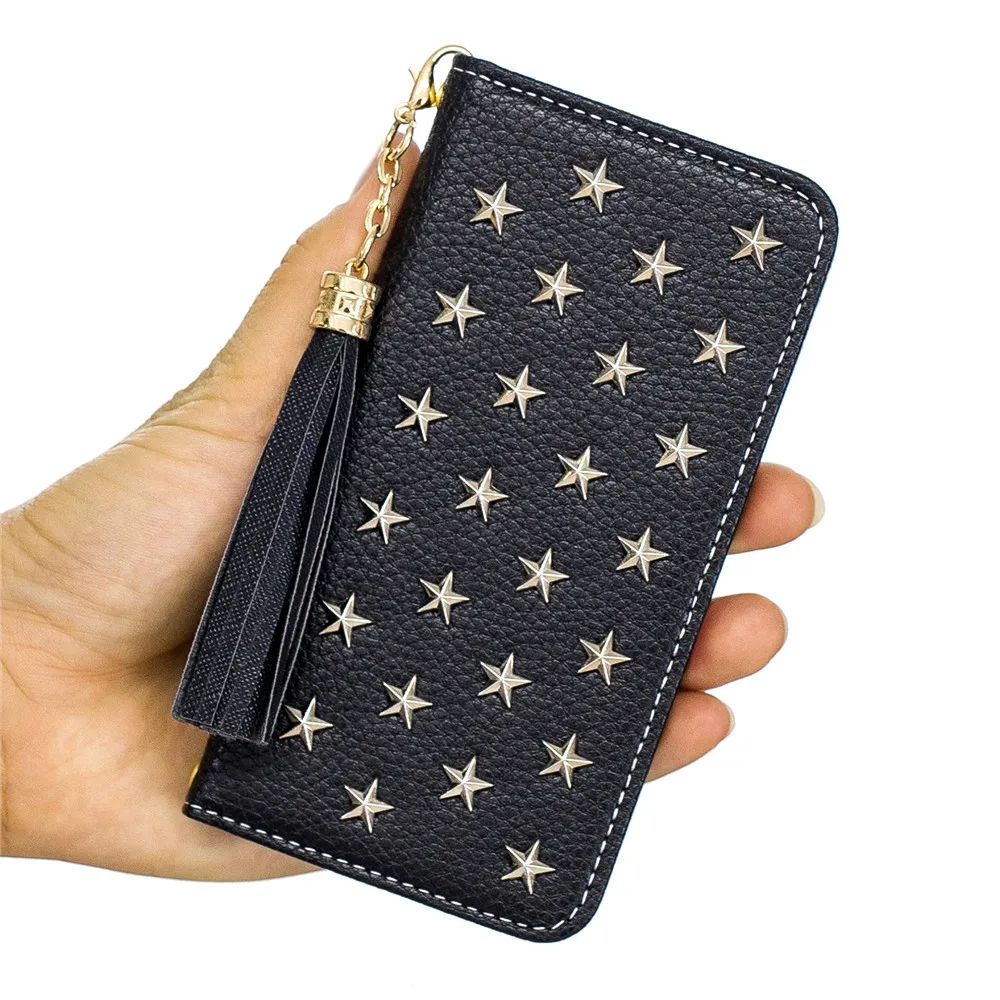Роскошный кожаный чехол-книжка для Iphone Xs 11 pro MAX XR X 8 7 6s Plus, зеркальный кошелек ручной работы с заклепками и звездами, чехол-книжка с кисточками и ремешком