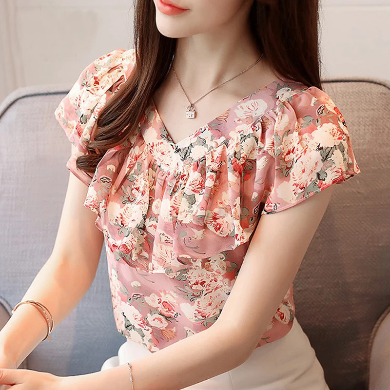 Модные летние блузки женские рубашки плюс размер Цветочные Топы женские шифоновые блузки с коротким рукавом женские плиссированные топы