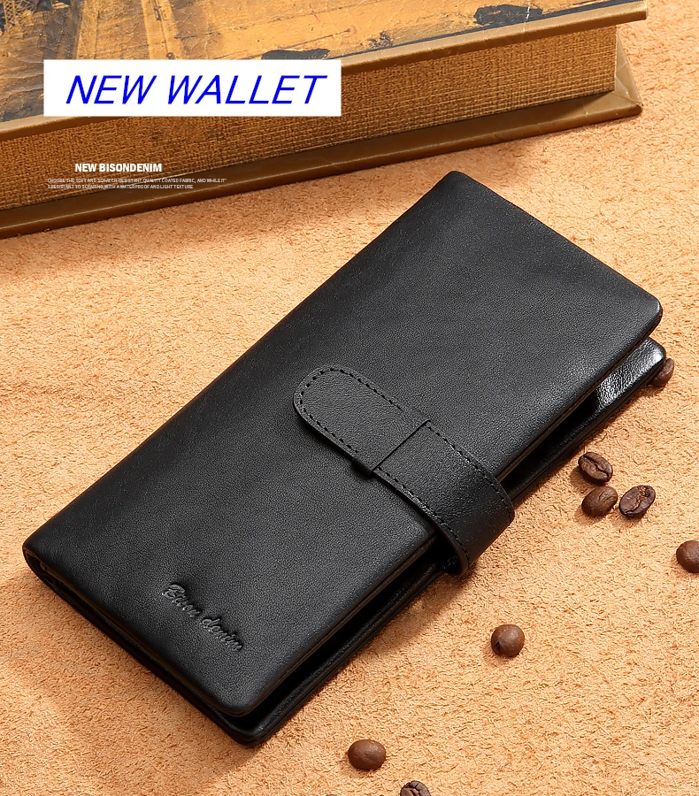 BISON DENIM New Genuine Leather Long Wallet Men Business Brand Male Hasp Purse Card Holder Coin Pocket Clutch Wallet N8211