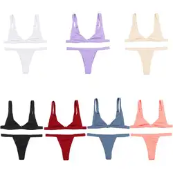 Женский сексуальный комплект бикини из двух частей, с v-образным вырезом, без подкладки, треугольный бюстгальтер, трусики-Тонг с низкой