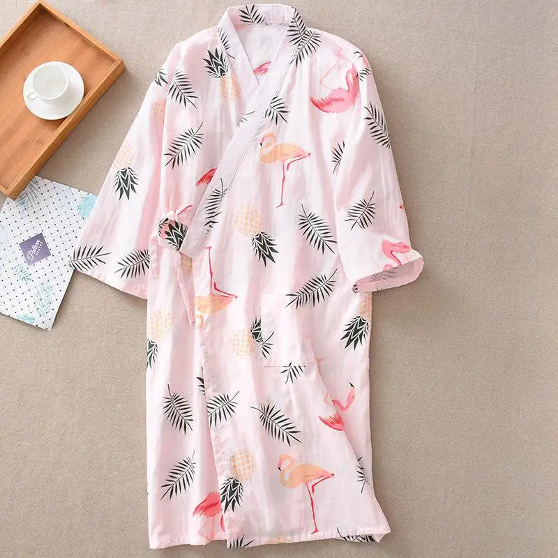 Summer Women Cotton Gauze Robe Gown Sexy Japanese Kimono Bathrobe Casual Yukata Night Dress Print Lovely Pajamas Sleepwear - Цвет: Style 1