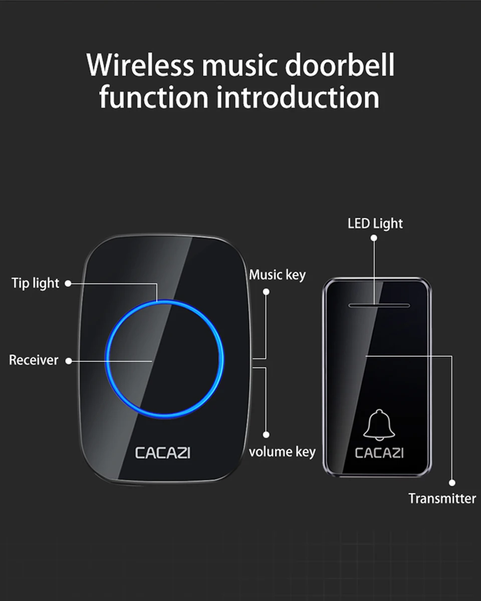 CACAZI автономный беспроводной дверной звонок без батареи 3 кнопки 1 приемник светодио дный свет США ЕС Великобритания штекер домашний умный беспроводной дверной звонок