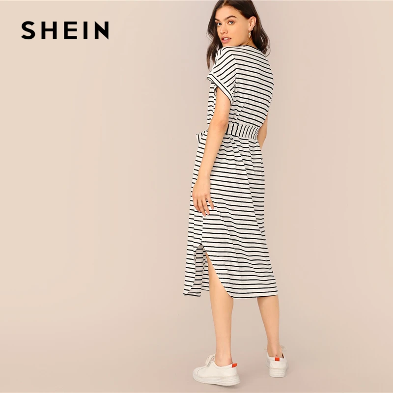 SHEIN Черное и белое Полосатое платье-футболка с разрезом и завязками на талии, женское летнее платье с рукавом летучая мышь, женские повседневные платья