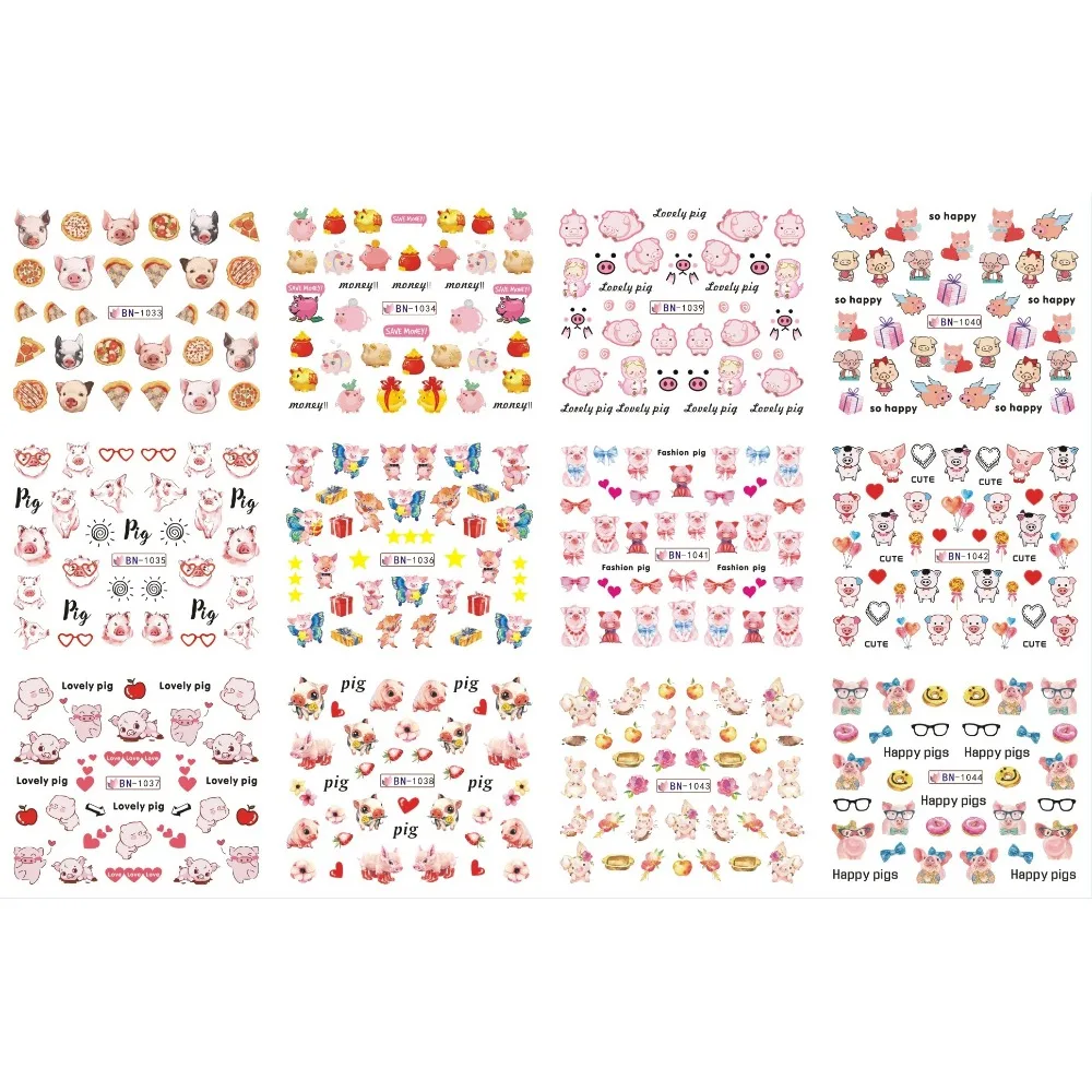 

UPRETTEGO 12 PACK/ LOT WATER DECAL NAIL ART NAIL STICKER FULL COVER CARTOON PIG HOG SWINE HEART BOW TIE GIFT BOX BN1033-1044