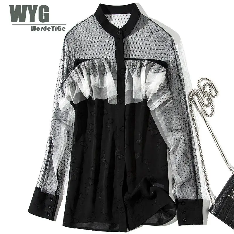 2019 Весенняя блузка WYG новые женские корейская мода See Through горошек сетки лоскутное оборками с длинным рукавом розовый черный рубашки для