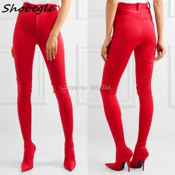 

SHOOEGLE 2018 New Runway Style Sock Boots Stretchy Satin Pointy Toe Stiletto Heel Woman Floral Print Extreme Long Crotch Booties