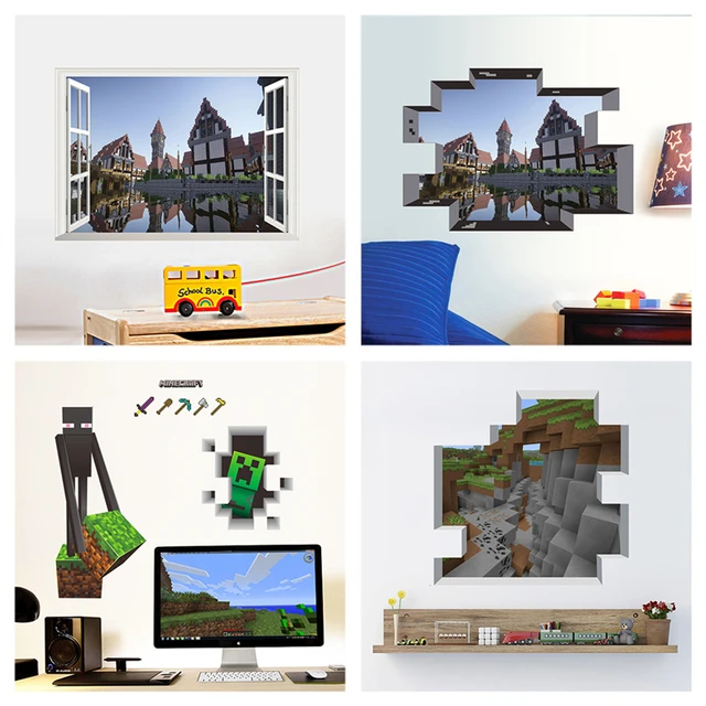 Popular Game Minecraft Wall Art Stickers For Kids Room Home Decoration Diy 3d Window Broken Hole