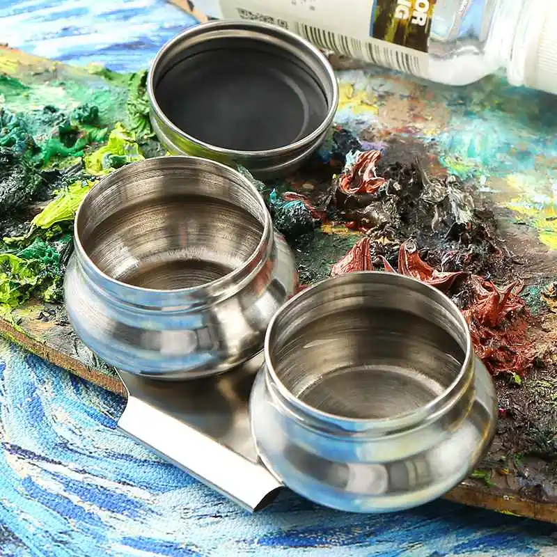 Color palette paint pots Stainless steel drum painting palette Oil paint pot Single double hole dipper Easy clean drawing tools Art painting supplies