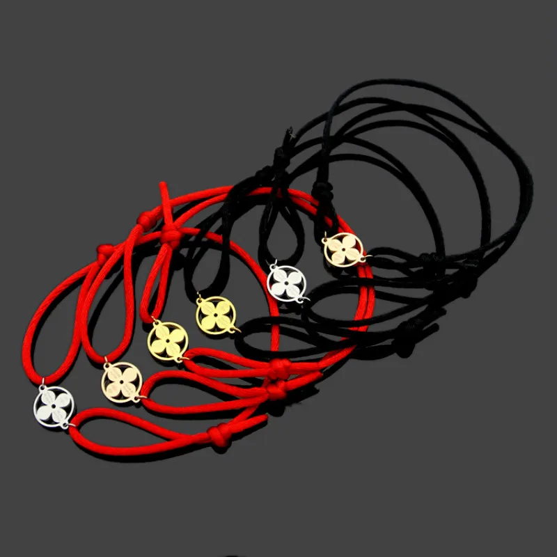 Round Four leaf Clover Charm Bracelet for Women Red Black Rope Chain