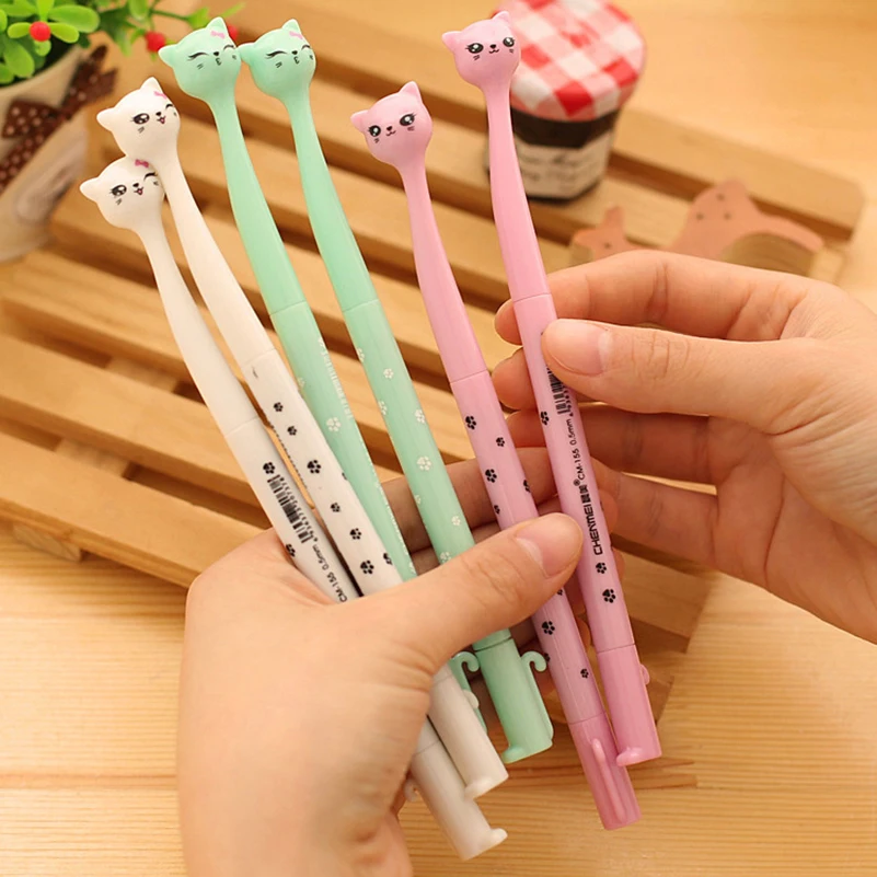 Best 12Pcs Cute Cat Gel Pen Blue Korean kawaii Animal Fun School Office Supply Creative Novelty Stationery Store Ink Kawai Stationary