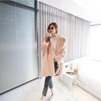 

Stylish Notched Lapel Collar Hairy Shaggy Faux Fur Coat New Woman Faux Rabbit Fur Jackets Long Keep Warm Outerwear Pink Gray