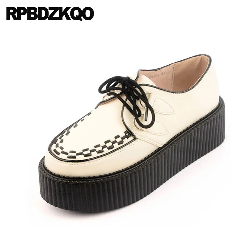 

Plus Size Harajuku Cross Strap 10 42 Ladies Wedge Creepers Medium Heels 11 43 Round Toe Platform Shoes Fashion Lace Up White