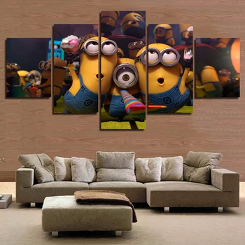 

5 Panel Modern Printed Little Yellow People Hand Painted Canvas Paintings Wall Art Picture Canvas For Living Room No Frame