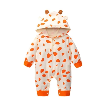 

Autumn Winter New Newborn Cute Cow Print Jumpsuit Button Rompers Long Sleeve Hooded Outwear Casual Keep Warm Cardigan Rompers