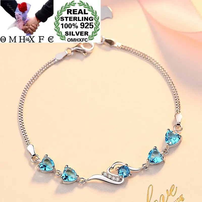 

OMHXFC Wholesale European Fashion Woman Girl Party Birthday Wedding Blue Heart Zircon 100% S925 Sterling Silver Bracelet BC09