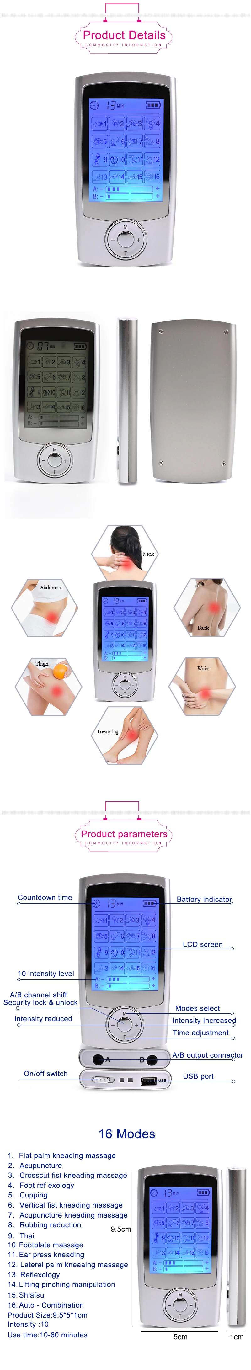 Comprar Instrumento de fisioterapia TENS de doble salida, 16/24 modos,  acupuntura de pulso de baja frecuencia, masajeador de cuerpo entero