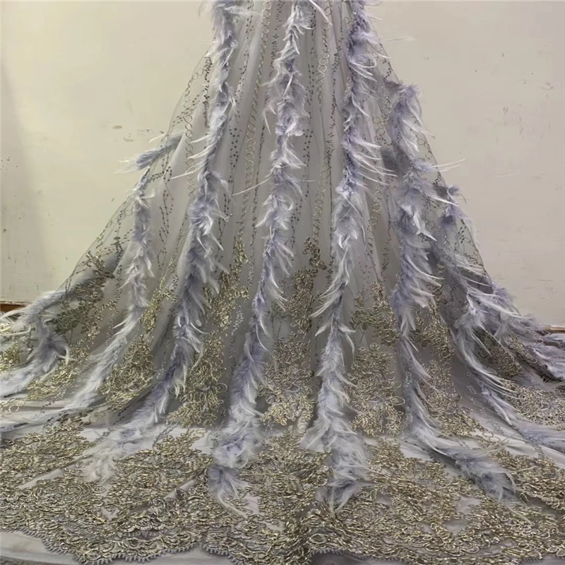 

Tollola High Quality African Lace Fabrics With Feather Nice French Embroidery Sequins Tulle Lace Fabric For Nigerian Party Dress