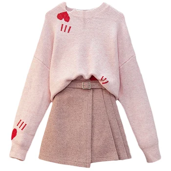 Kawaii Preppy Style  Knitting Heart Sweater & Wool A-line Mini Skirt 4