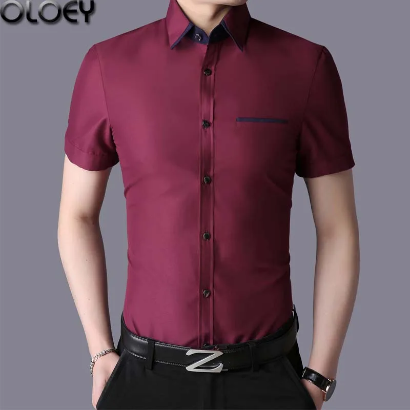 

OLOEY 2019 New Arrival Brand slim fit Men's Business Shirt Short Sleeves Turn-down Collar Tuxedo Shirt White Shirt Men dress