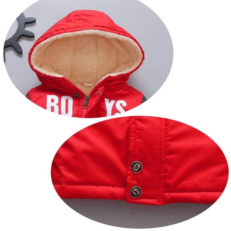 BibiCola New Arrived Baby Boys Autumn Winter Warm Coat With Hooded Infant Fashion Letter Print Outwear Kids Cotton Clothes