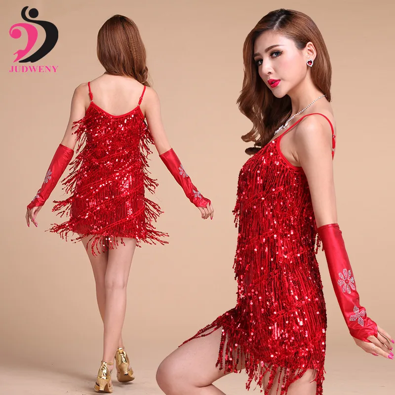 Latin dance dress performance wear adult tassel sequins women ballroom skirt