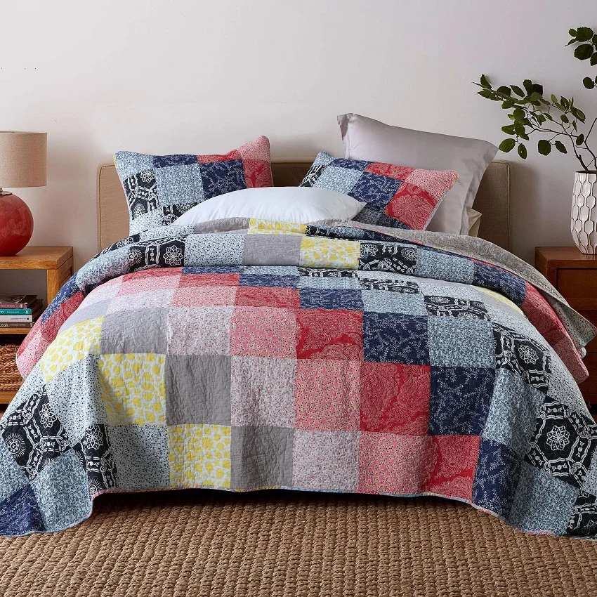 

CHAUSUB Patchwork Bedspread Quilt Set 3pcs Coverlets Cotton Quilts Quilted Bed Cover Sheets Pillowcase King Queen Size AB-Side