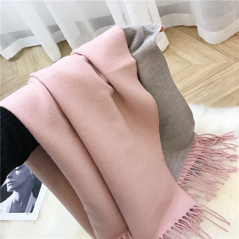 Female new 10 colors tassel scarf monochrome double-sided warm shawl imitation cashmere bib