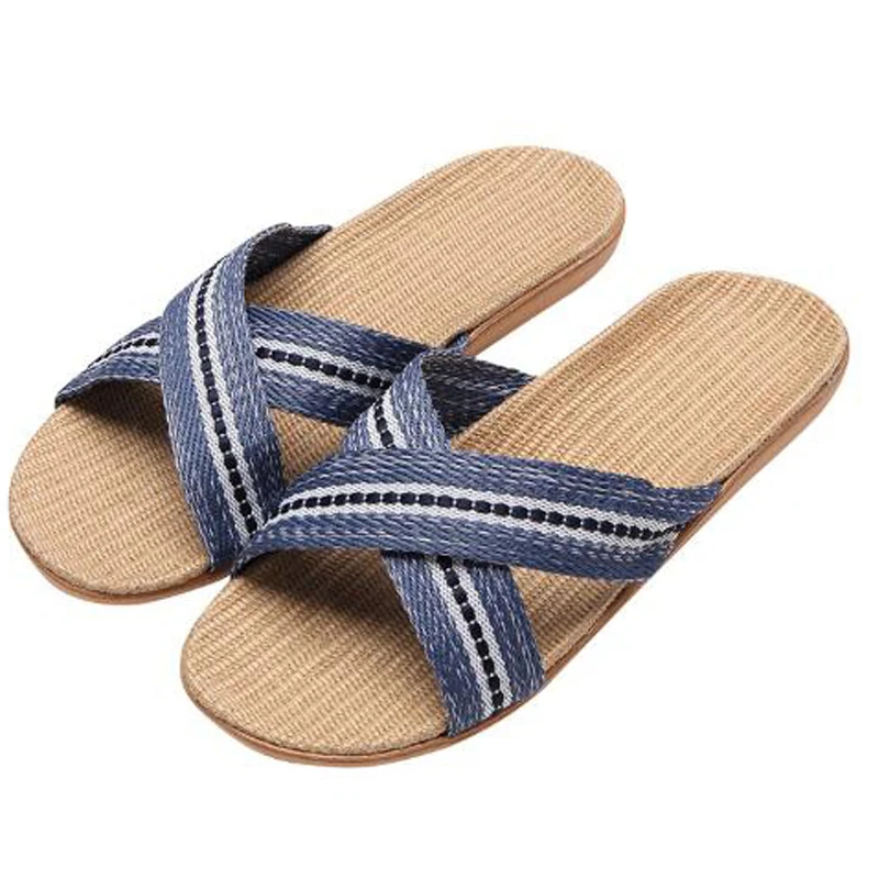 

Men's Summer Cross Striped Linen Slippers Casual Blue Male Slippers Beach Flax Flip Flops Men Slides Flat Sandals House Shoes