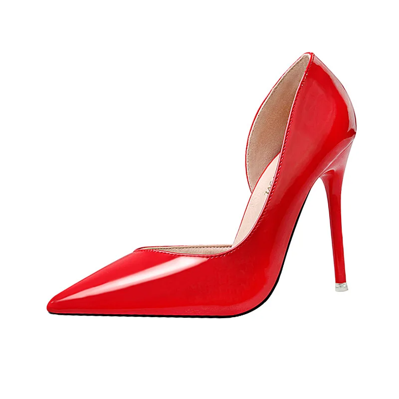 Ou Mo brand Shallow mouth High heels women?s sandals pointed toe Sexy High heels 10cm Solid color patent leather Female shoes