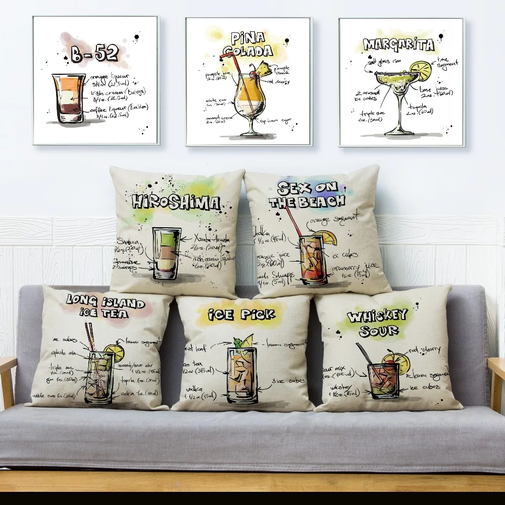 

Bar Drink Cocktail lemon Tea Print Cushion Cover Beige Linen Pillowcase 45*45cm Throw Pillows Covers Sofa Home Decor Pillow Case