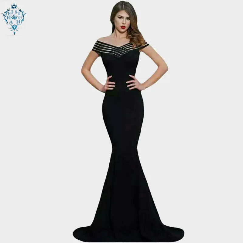 

Ameision woman European and American fashion sexy stripes stitching shoulder-length slim fishtail evening dress party dresses