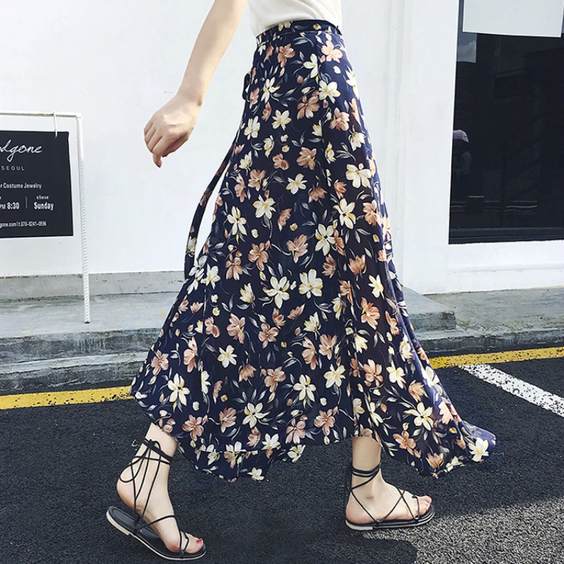 

Drop Shipping 11 Color 2018 New Summer Women Skirt Floral Print Beach Midi Skirt Chiffon One Piece Split Skirt Adjustable Waist