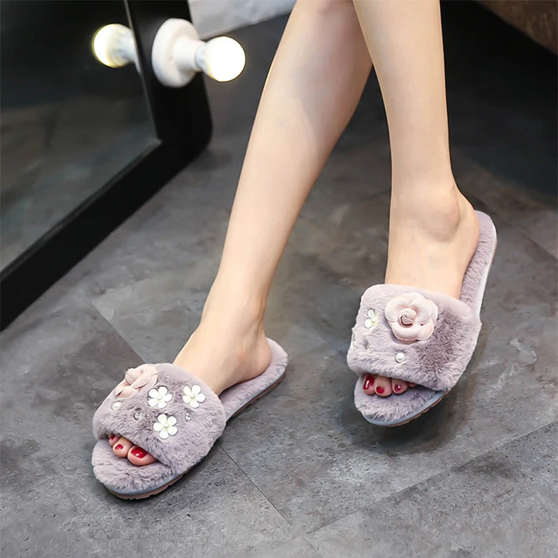 

AShwin soft winter fall slippers flower pearls plush fur slipper furry faux outdoor slipper slides sandals bath slipper thermal
