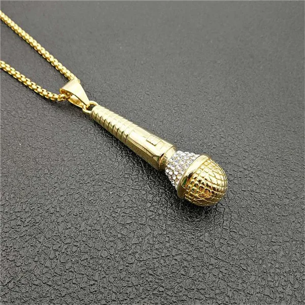 Gold Color Хиппи золотой цвет Iced Out Bling музыкальный кулон «микрофон» ожерелья хип хоп ювелирные изделия для мужчин цепь из нержавеющей стали Прямая - Окраска металла: Gold Color