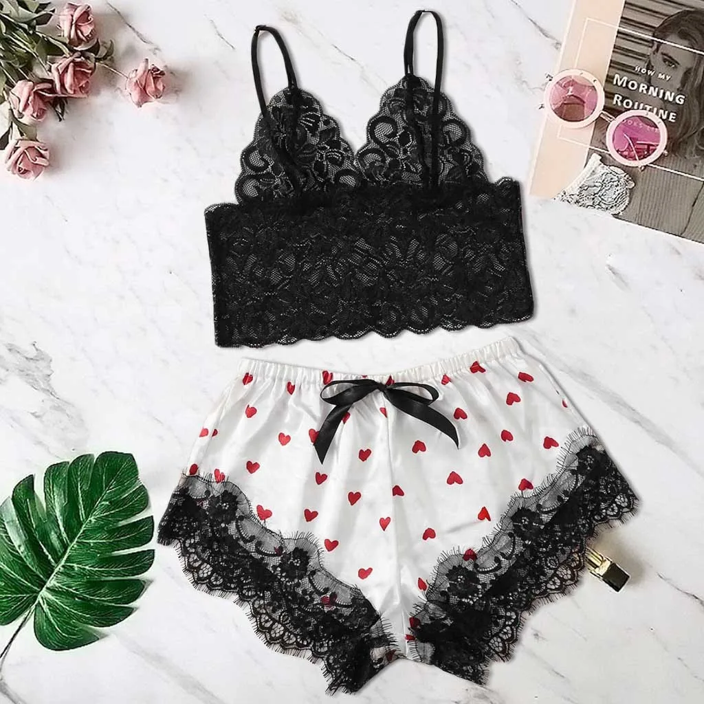 

2019 fashion sexy underwear women's satin lace silk satin love print camisole bow underwear set комплект нижнего белья белье40*